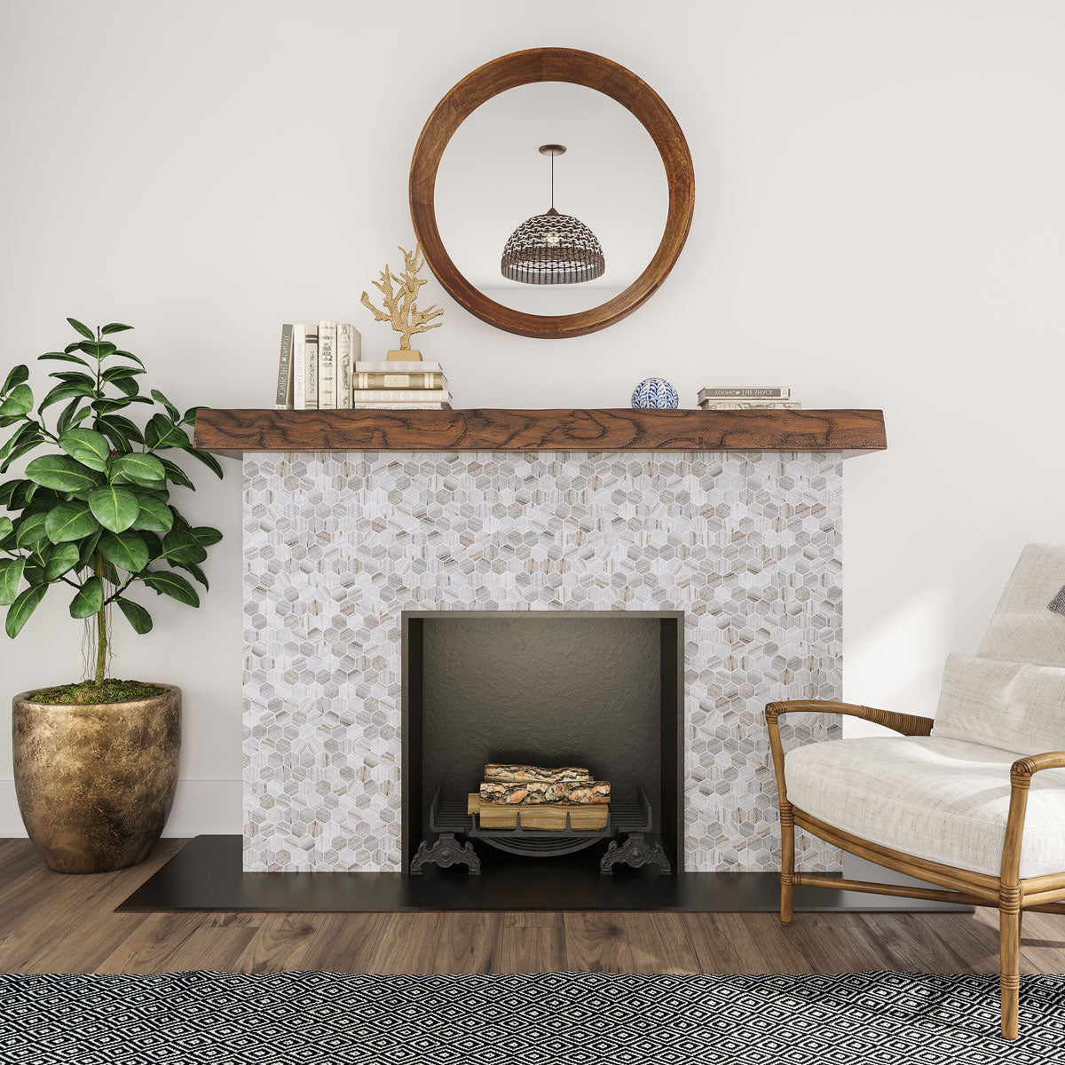 Sand Valley Honed Hexagon Mosaic Tile fireplace surround