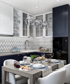 Modern Black and Tan Kitchen with a Sand Valley And Thassos Octagon Marble Mosaic Tile Bacskplash