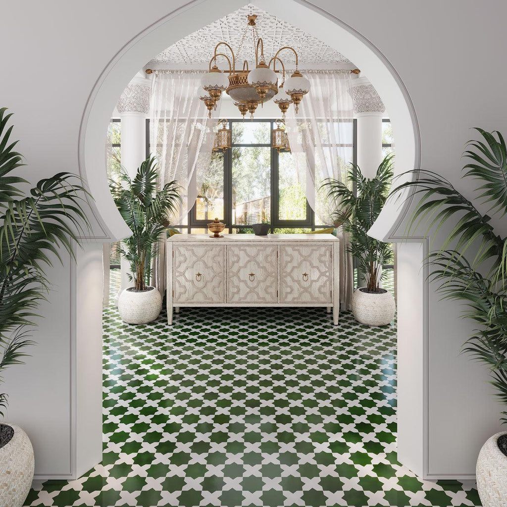 Santa Barbara Emerald Green Cross Ceramic Tile | Star and Cross Pattern Tile | Tile Club