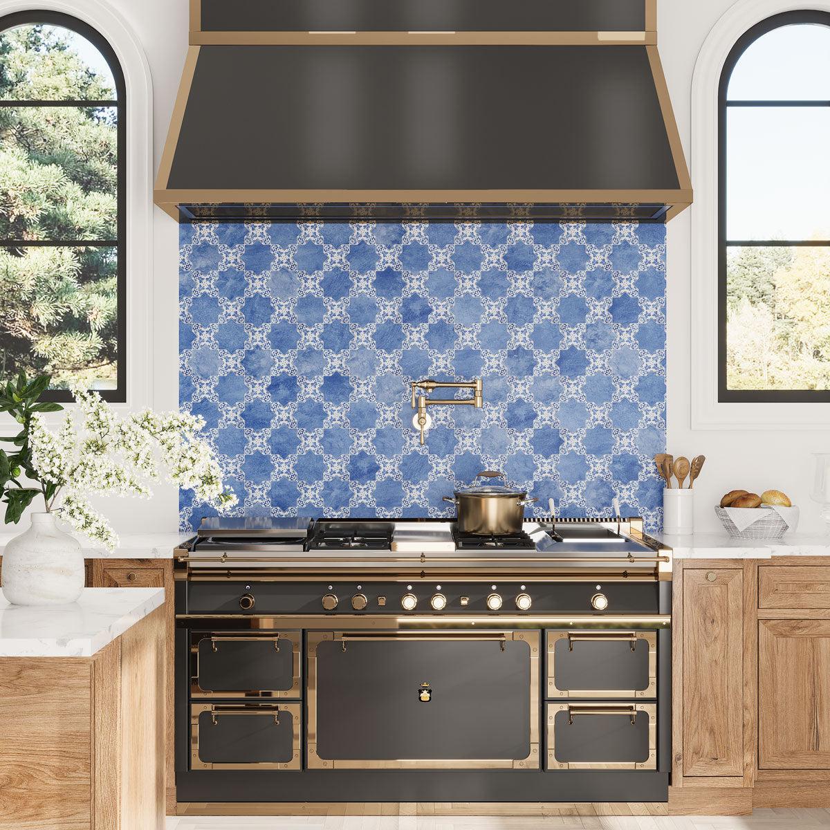 California kitchen with Santa Barbara Sky Blue Star and Decorative Cross ceramic tile backsplash