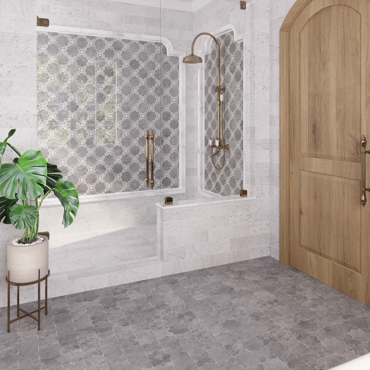 Santa Barbara mix and match tiles in Smoke Gray for a decorative shower design