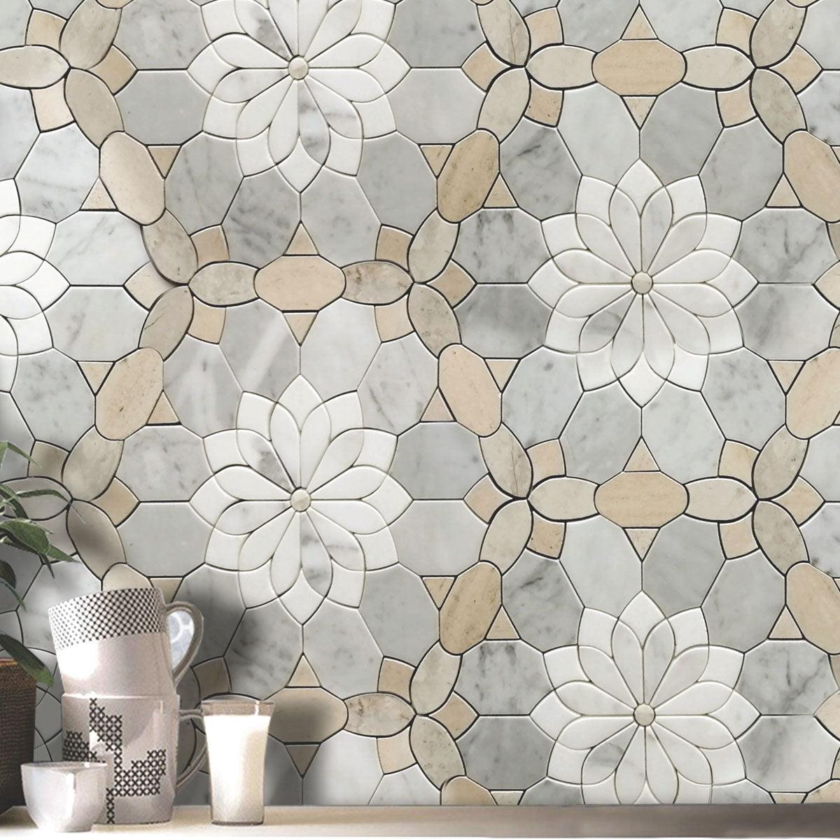 Santorini Beige Floral Marble Mosaic Tile