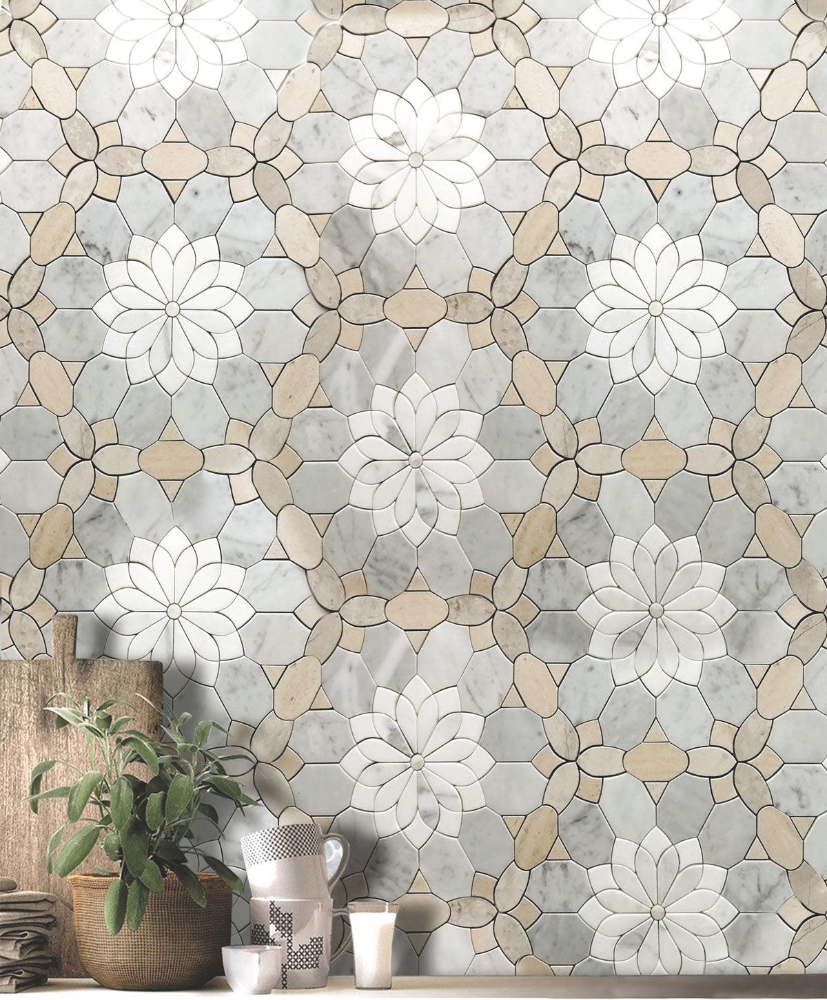 Santorini Beige Floral Marble Mosaic Tile | Tile Club