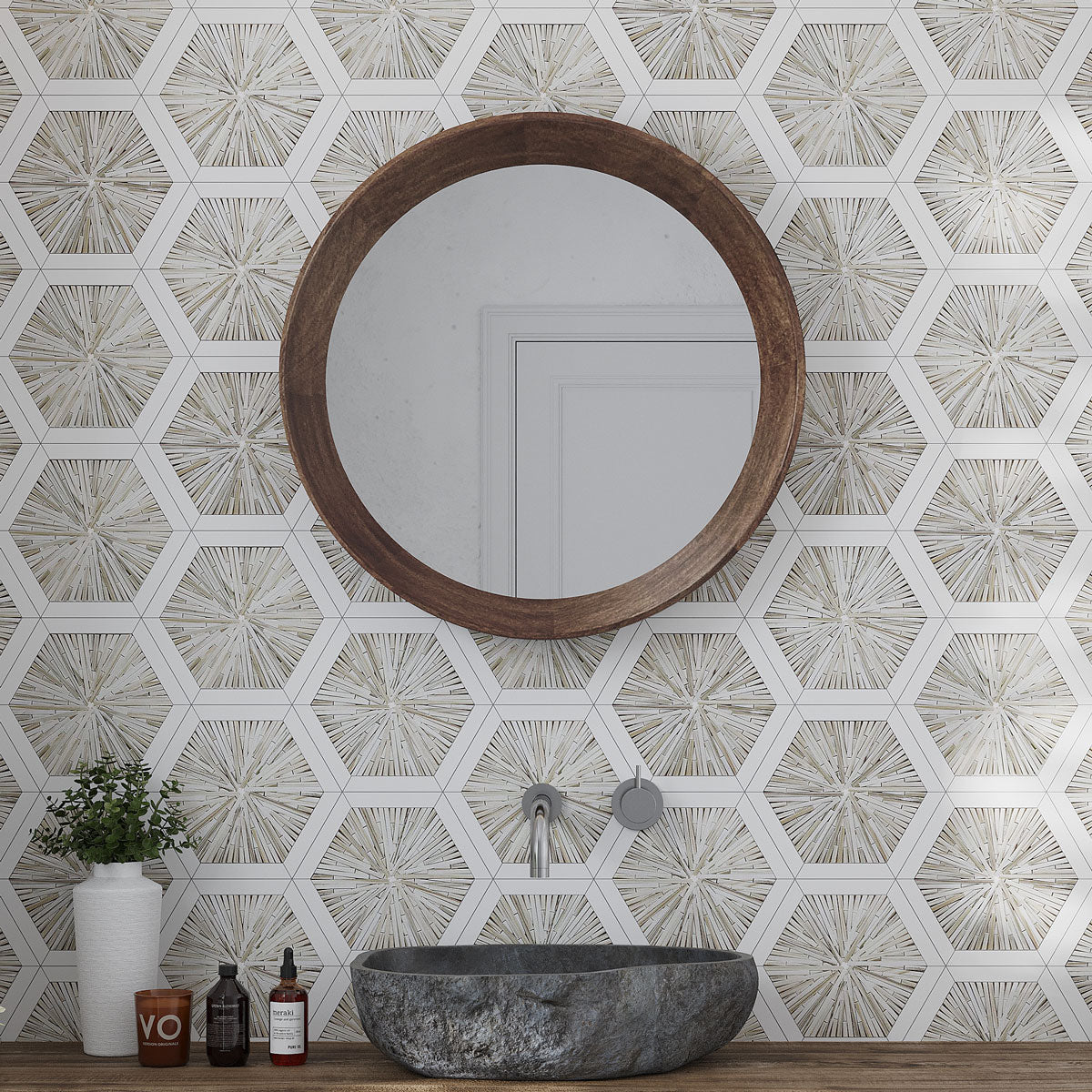 Santorini Beige Spoke Hexagon Marble Mosaic Tile