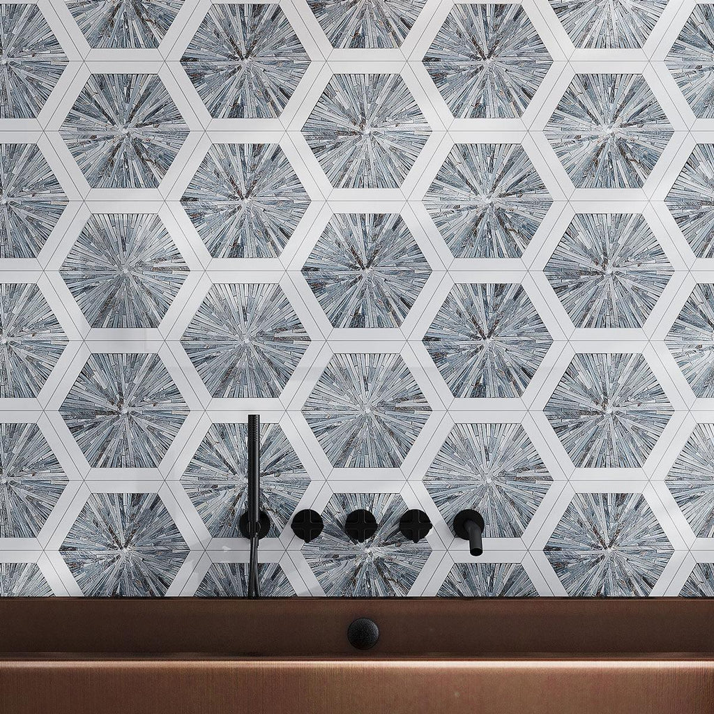 Santorini Blue Spoke Hexagon Marble Mosaic Tile