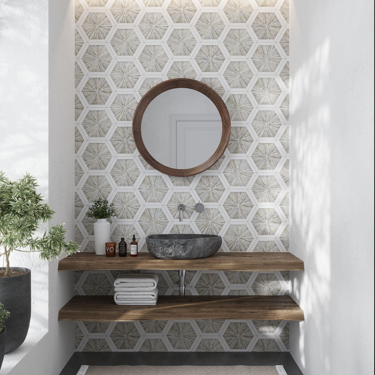 Santorini Beige Spoke Hexagon Marble Mosaic Tile | Tile Club