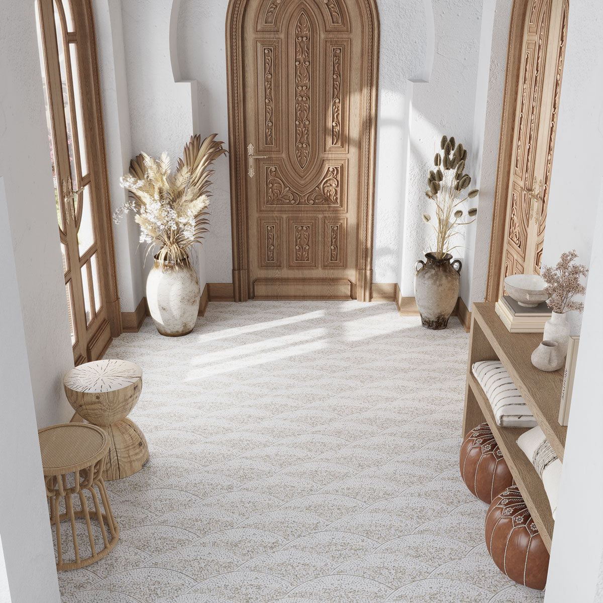 Santorini Beige & White Wave Marble Mosaic Tile | Tile Club