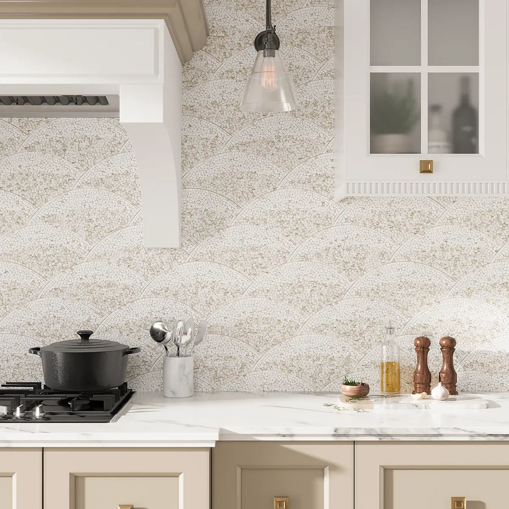 Santorini Beige & White Wave Marble Mosaic Tile | Tile Club