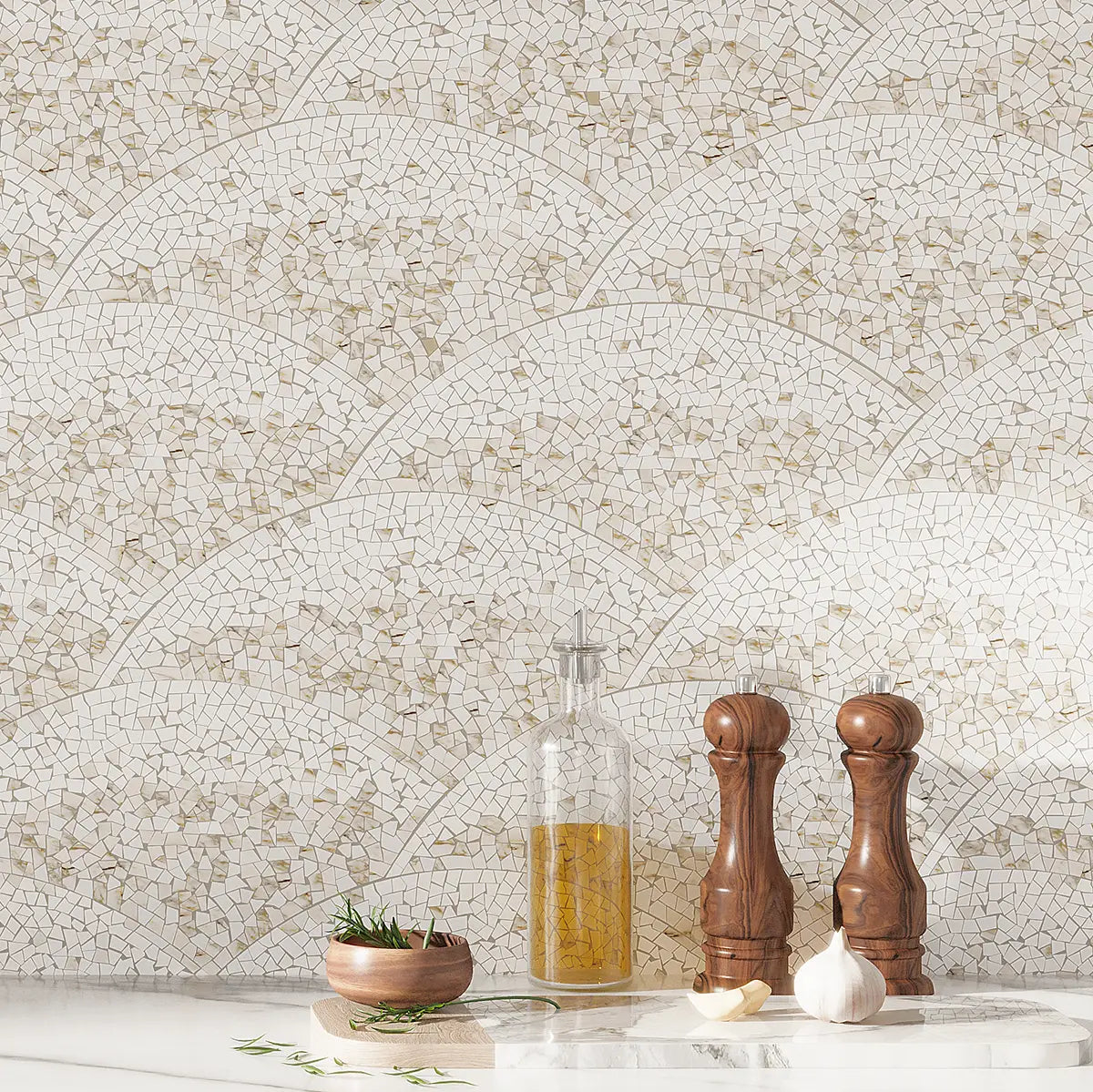 Wave inspired beige and gold mosaic tile backsplash