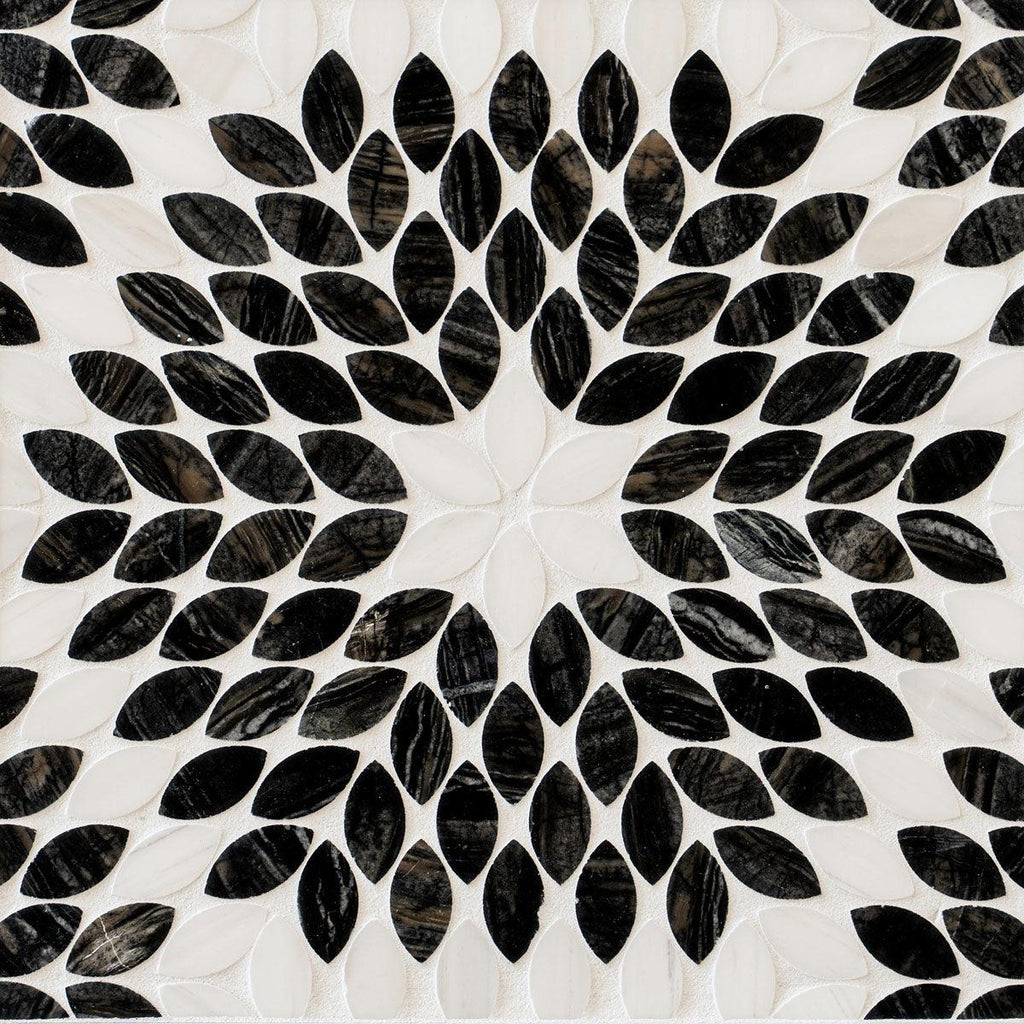 Santorini Black & White Petals Marble Mosaic Tile | Tile Club