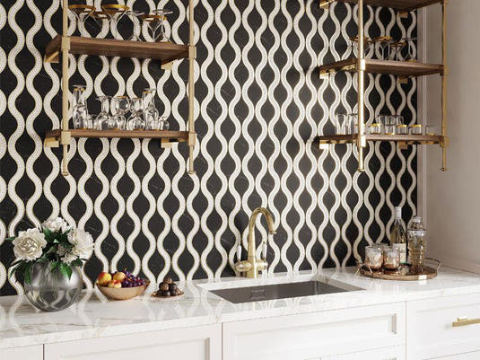 Santorini Black & Brass Laurel Marble Tile Marble Mosaic Tile | Tile Club