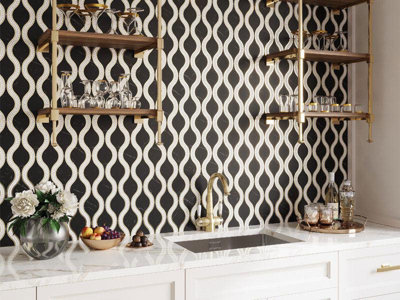 Santorini Black & Brass Laurel Marble Tile Marble Mosaic Tile | Tile Club