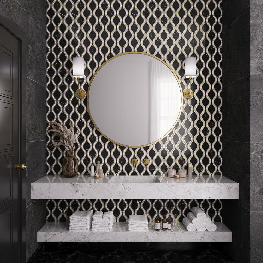 Santorini Black & Brass Laurel Marble Tile Marble Mosaic Tile | Tile Club