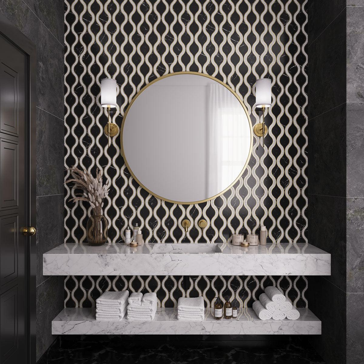 Santorini Black & Brass Laurel Marble Tile Marble Mosaic Tile | Tile Club