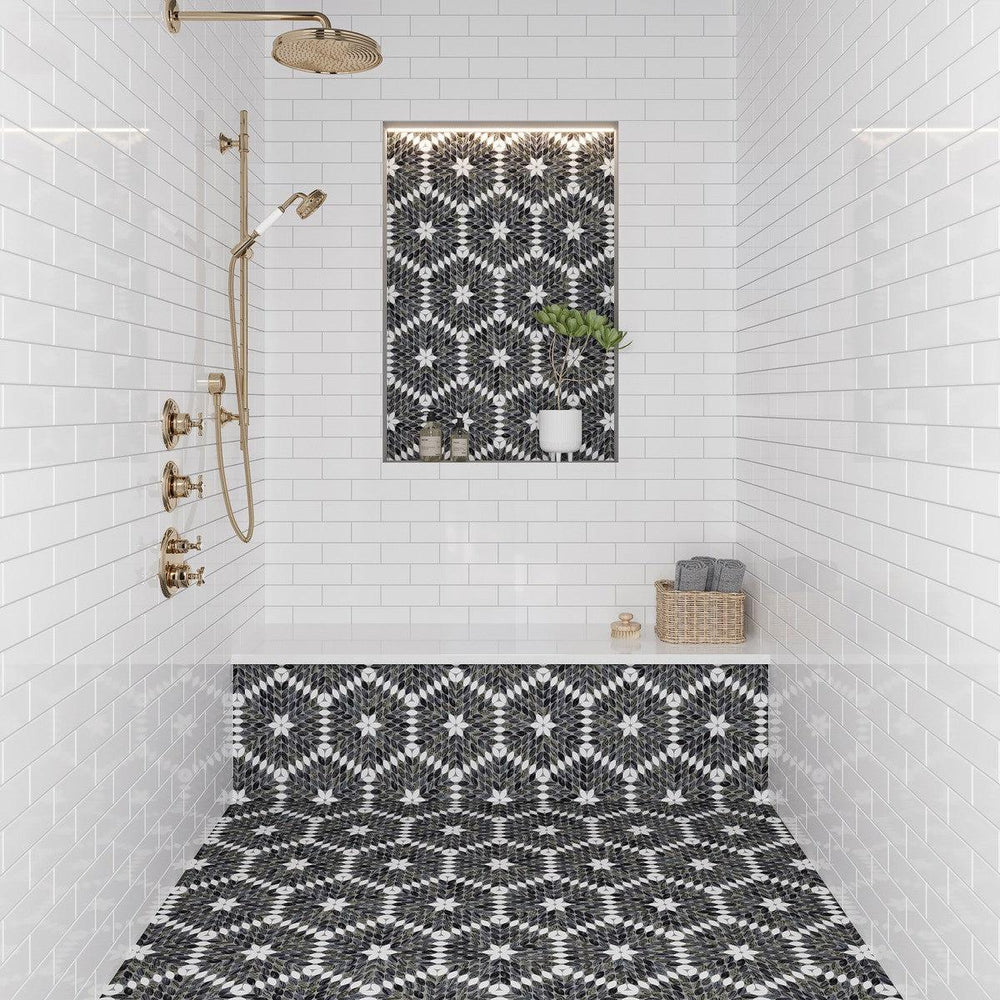 Santorini Black & White Petals Marble Mosaic Tile | Tile Club