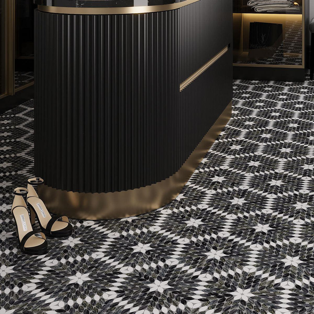 Santorini Black & White Petals Marble Mosaic Tile | Tile Club