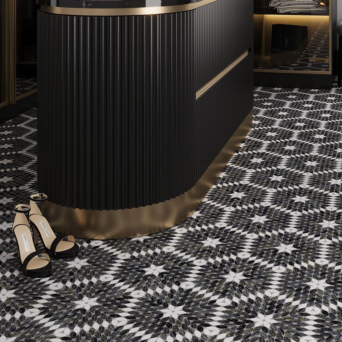 Santorini Black & White Petals Marble Mosaic Tile | Tile Club