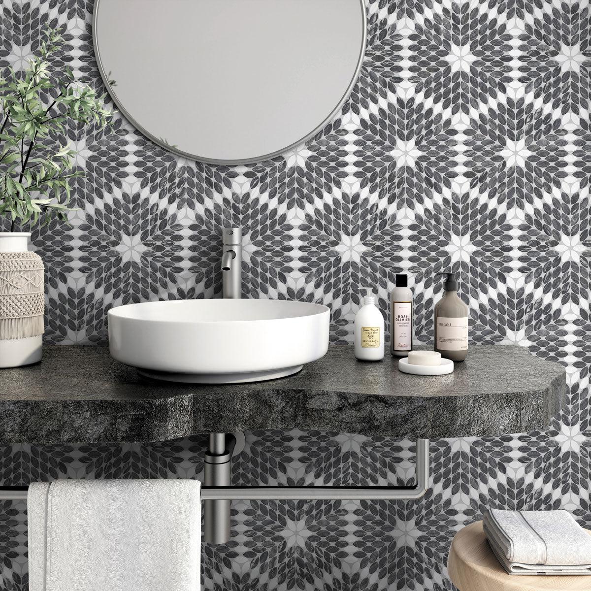 Santorini Black & White Petals Marble Mosaic Bathroom Wall