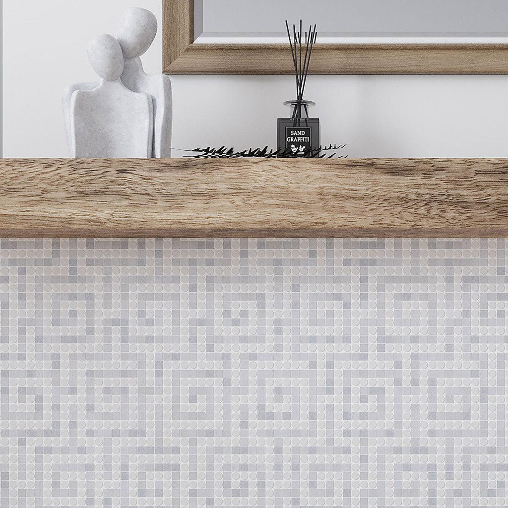 Pale blue and white marble Greek key pattern mosaic tile