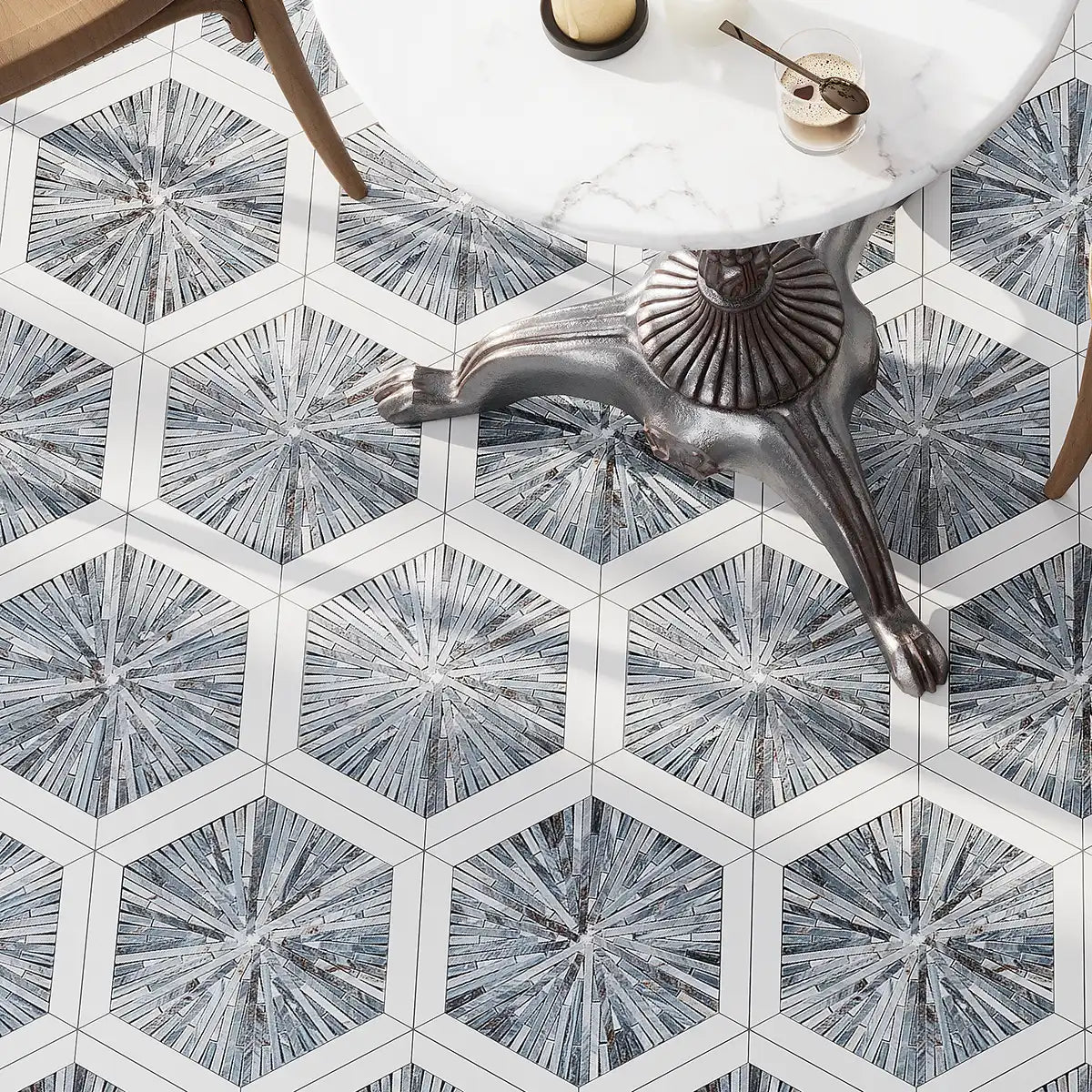 Santorini Blue Spoke Hexagon Marble Mosaic Tile | Tile Club
