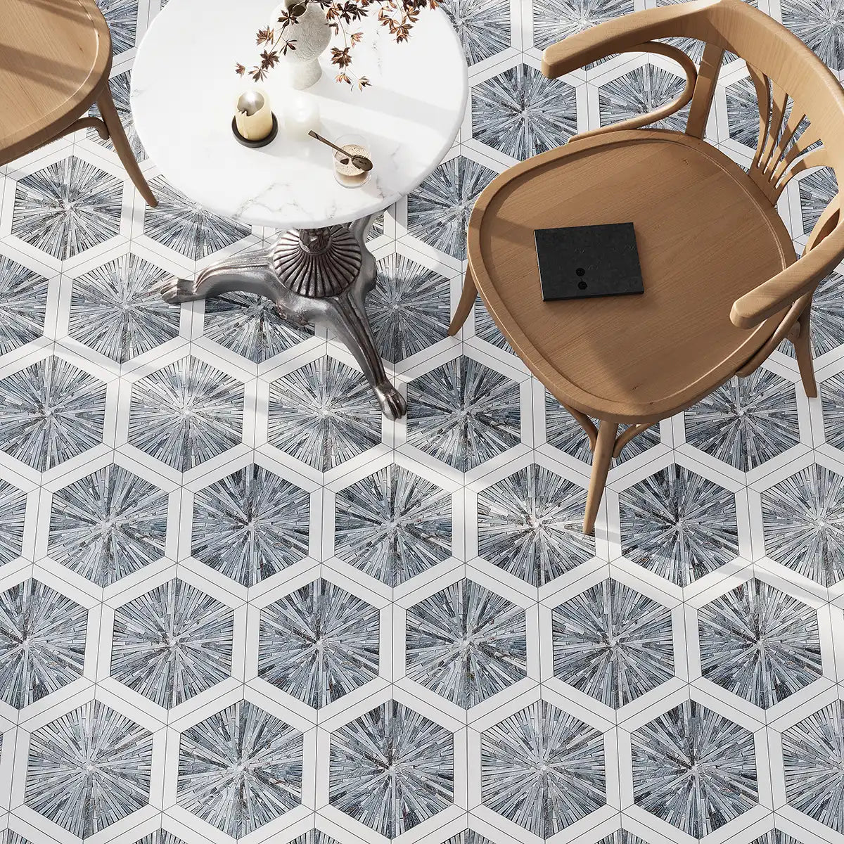 Santorini Blue Spoke Hexagon Marble Mosaic Tile | Tile Club