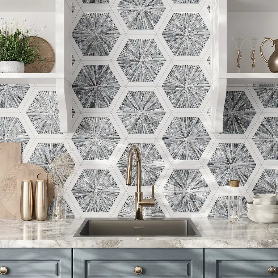 Santorini Blue Spoke Hexagon Marble Mosaic Tile | Tile Club