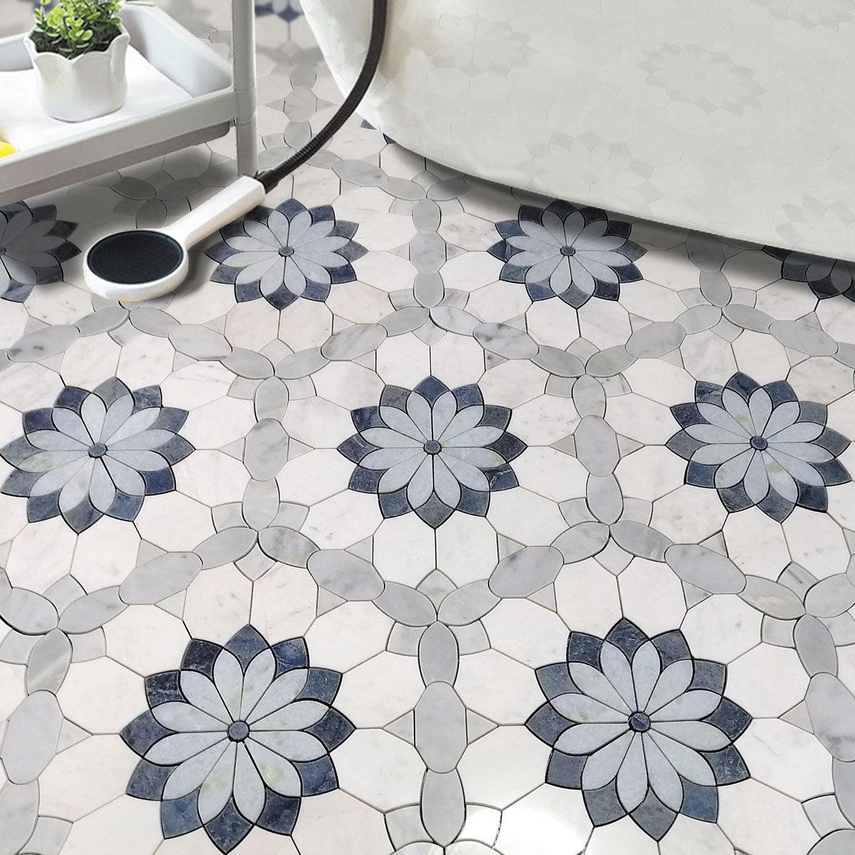 Santorini Blue & White Floral Marble Mosaic Tile Floor