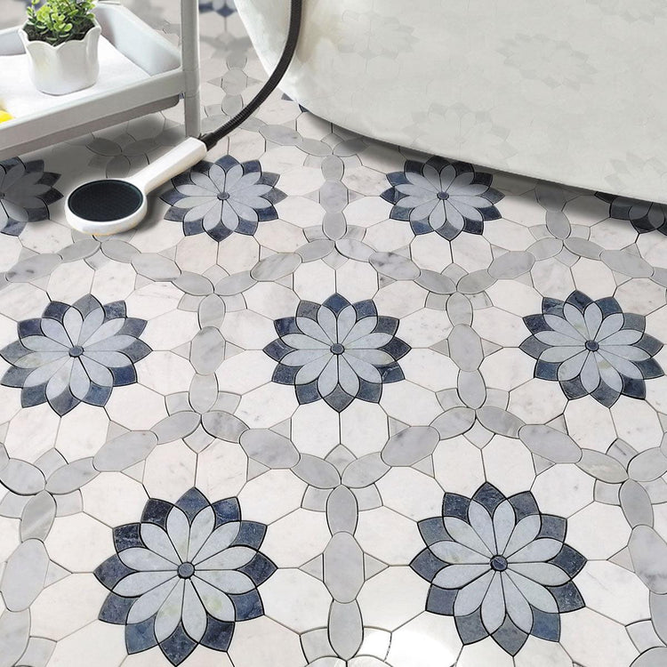 Santorini Blue & White Floral Marble Mosaic Tile Floor