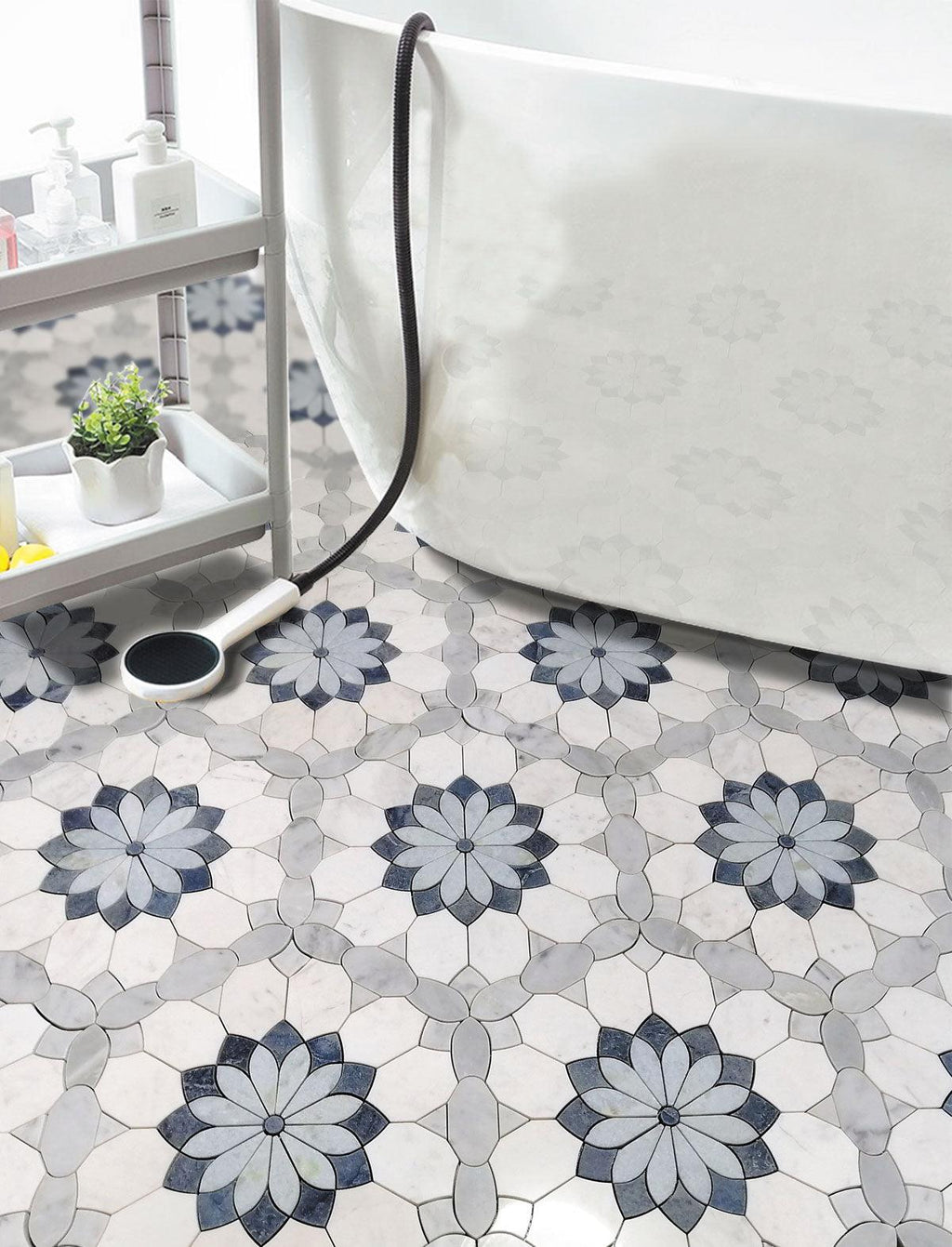 Santorini Blue & White Floral Marble Mosaic Tile | Tile Club
