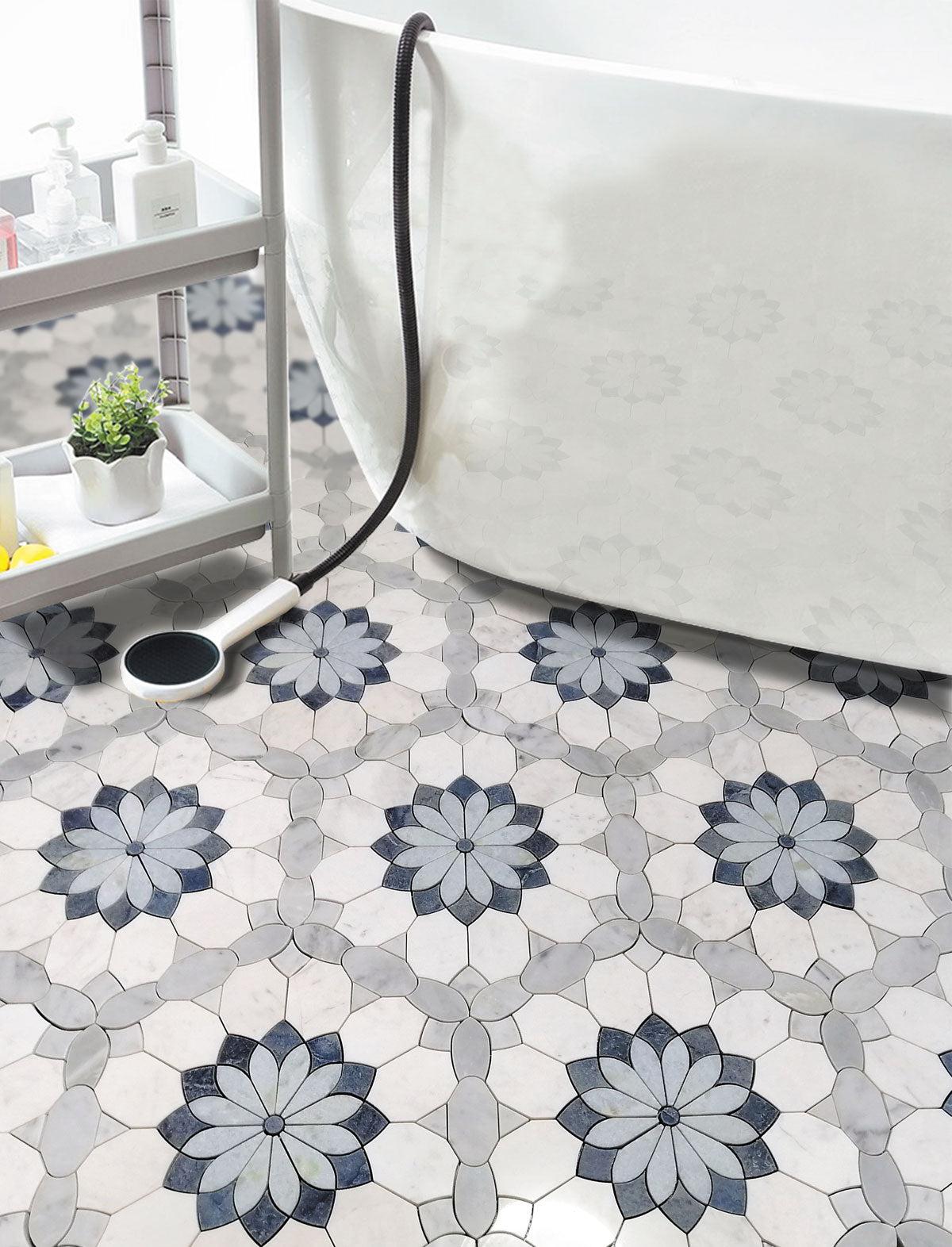 Santorini Blue & White Floral Marble Mosaic Tile | Tile Club