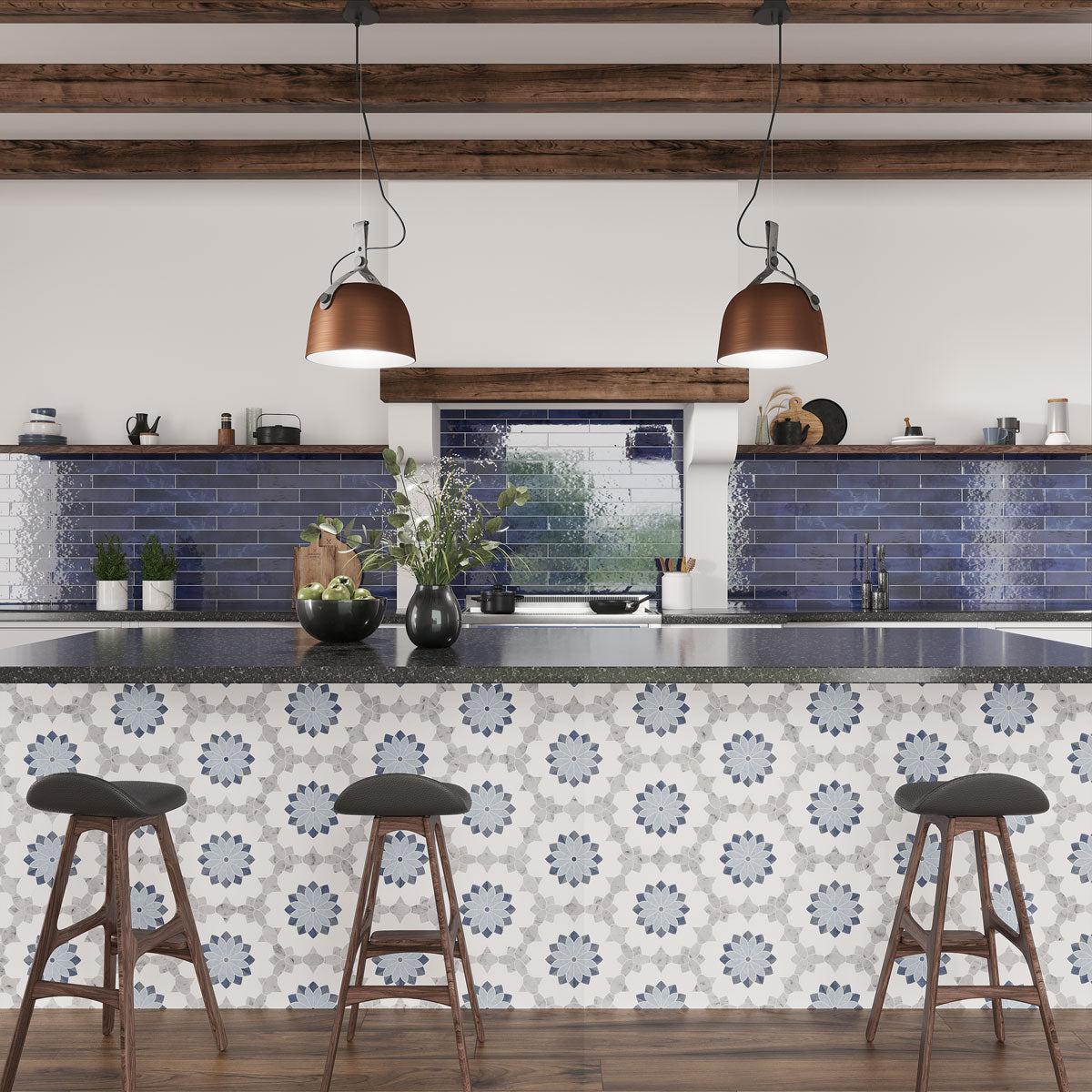Santorini Blue & White Floral Marble Mosaic Tile | Tile Club