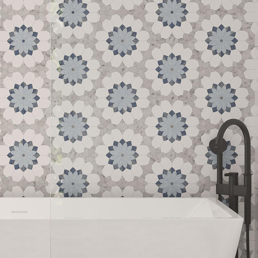 Santorini Blue & White Floral Marble Mosaic Tile | Tile Club