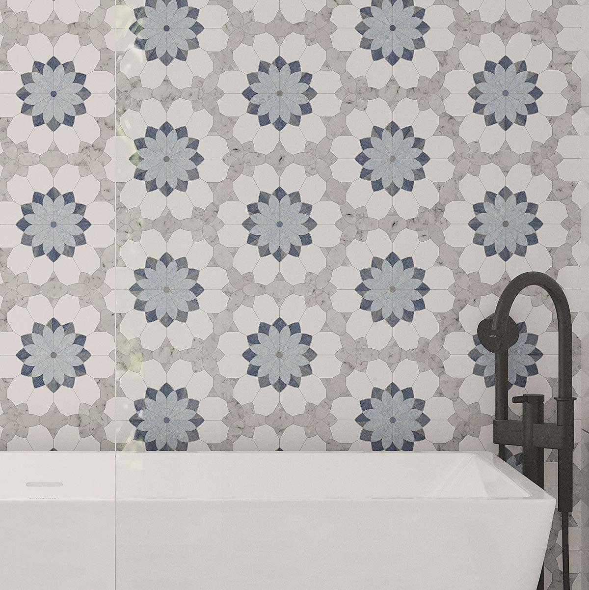 Santorini Blue & White Floral Marble Mosaic Tile | Tile Club