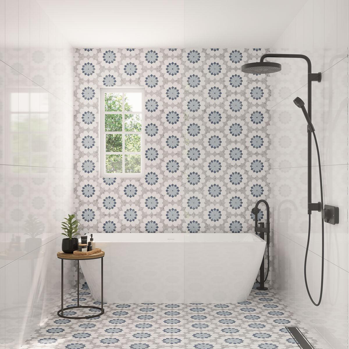 Santorini Blue & White Floral Marble Mosaic Tile | Tile Club