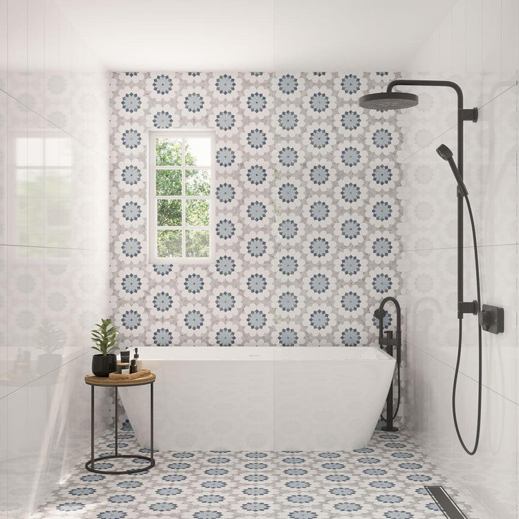 Santorini Blue & White Floral Marble Mosaic Tile | Tile Club