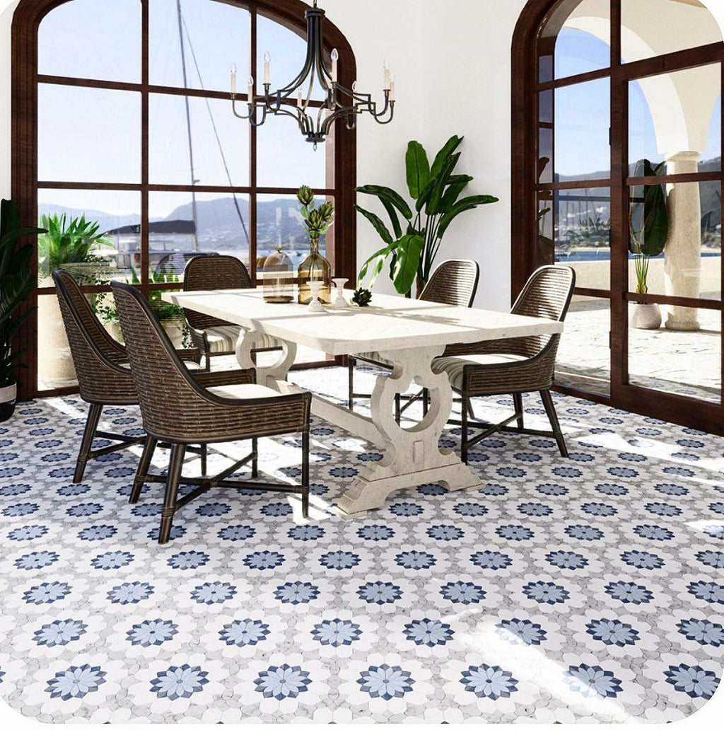Santorini Blue & White Floral Marble Mosaic Tile | Tile Club