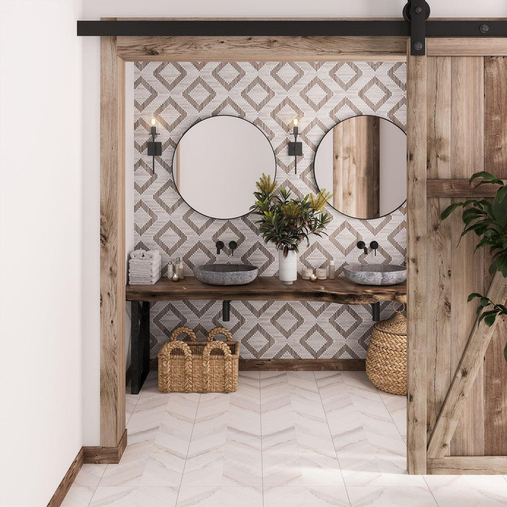 Santorini Geometric Wood Look Marble Mosaic Tile | Tile Club