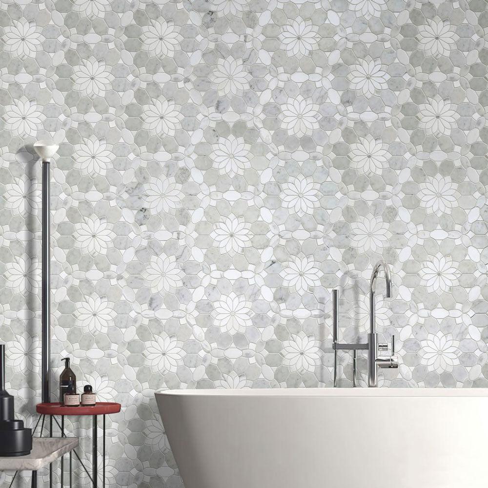 Marble floral wall tile in modern bathroom