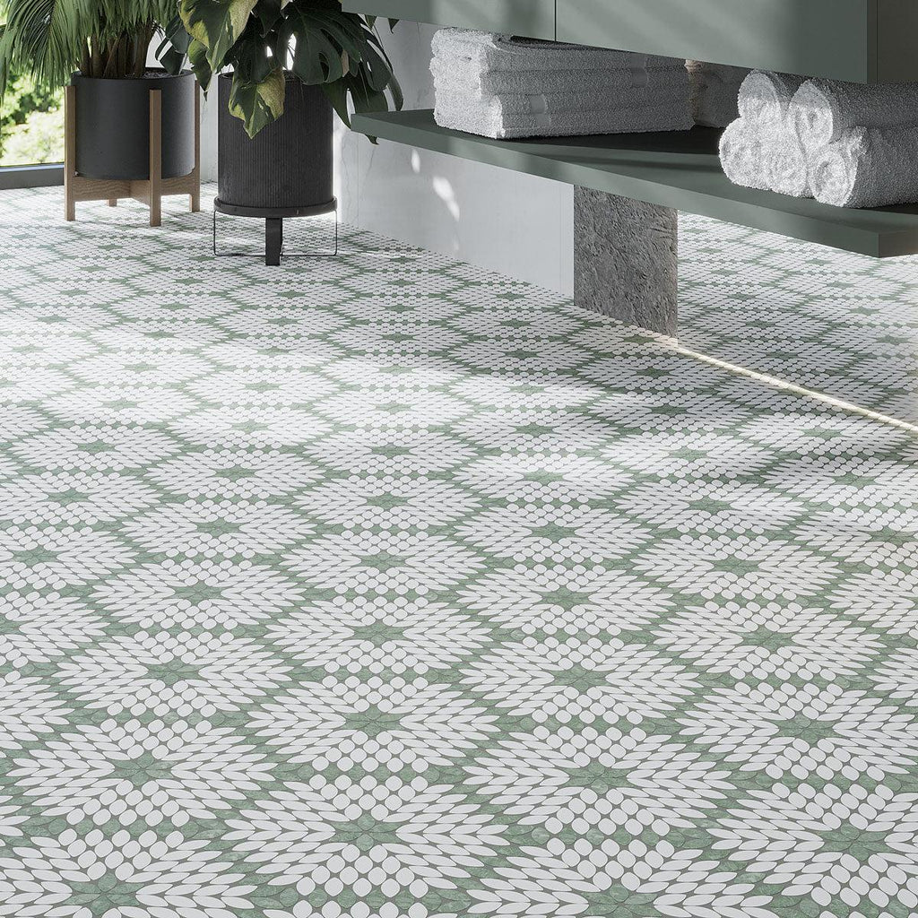 Santorini Green & White Petals Marble Mosaic Tile