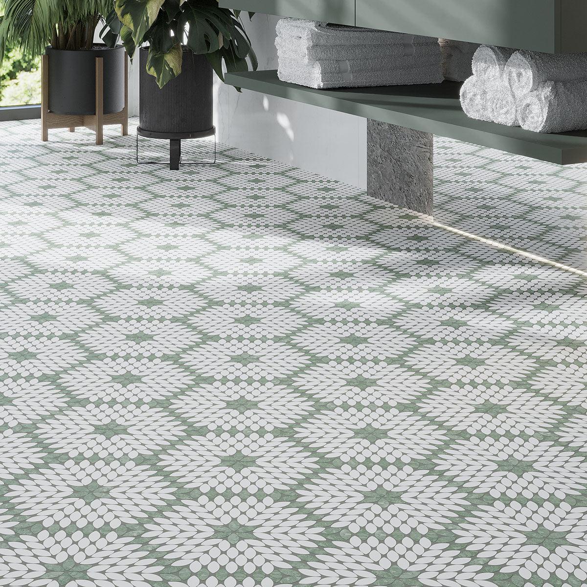 Santorini Green & White Petals Marble Mosaic Tile