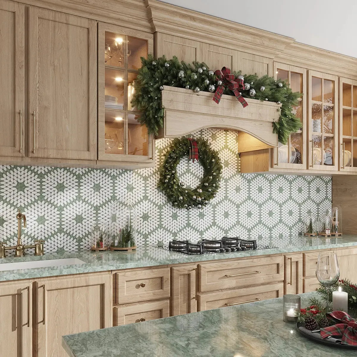 Santorini Green & White Petals Marble Mosaic Tile | Tile Club