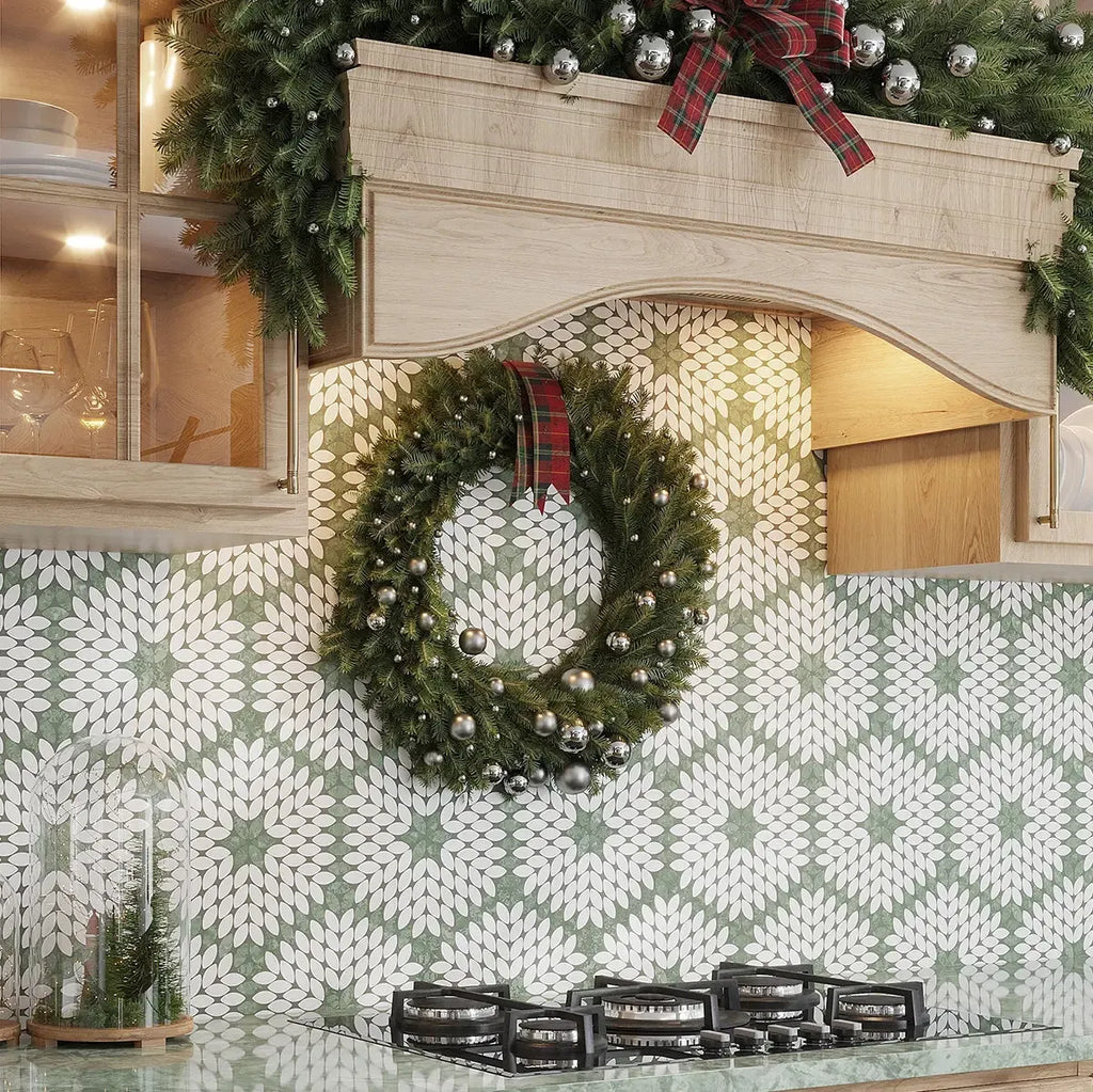 Santorini Green & White Petals Marble Mosaic Tile | Tile Club