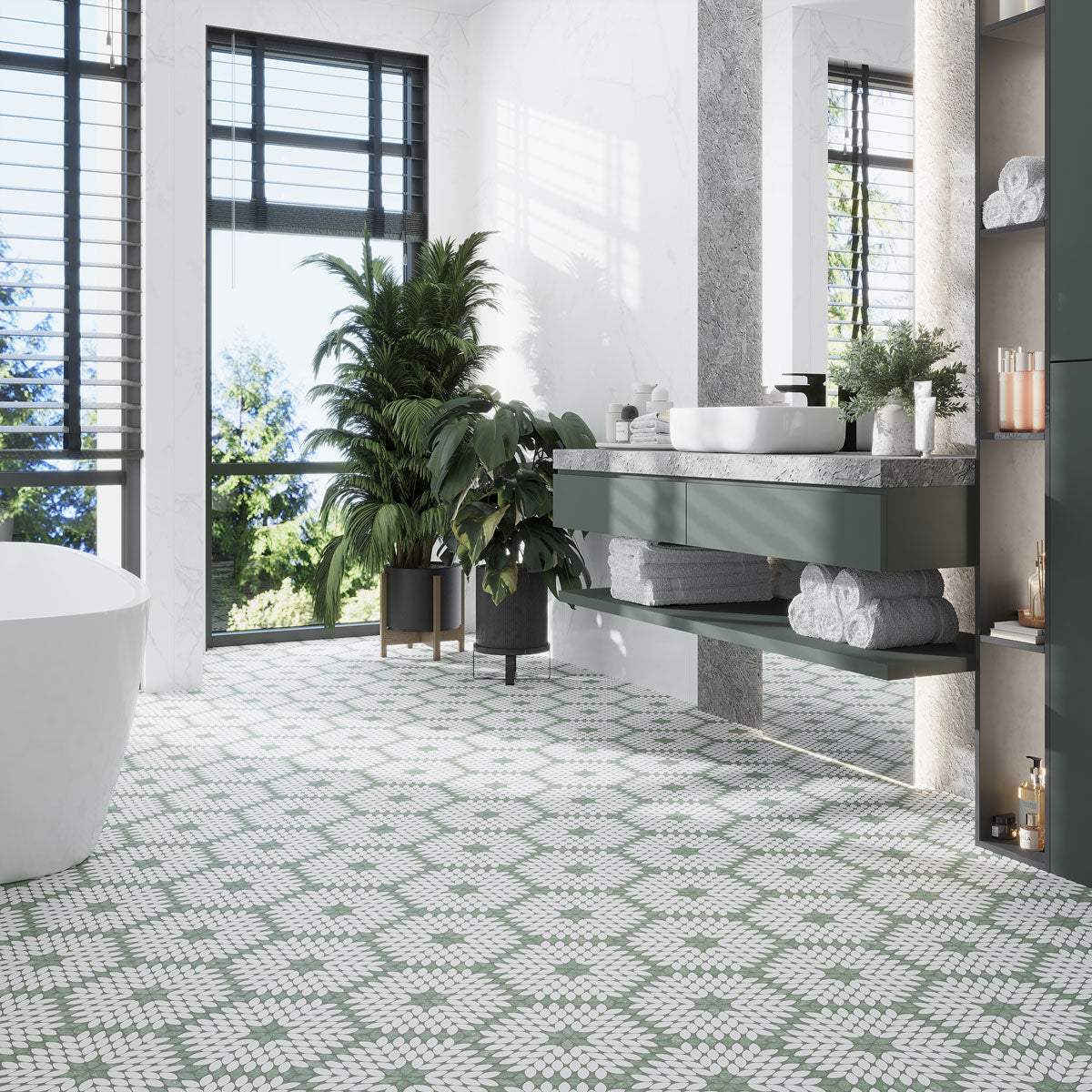 Santorini Green & White Petals Marble Mosaic Tile | Tile Club