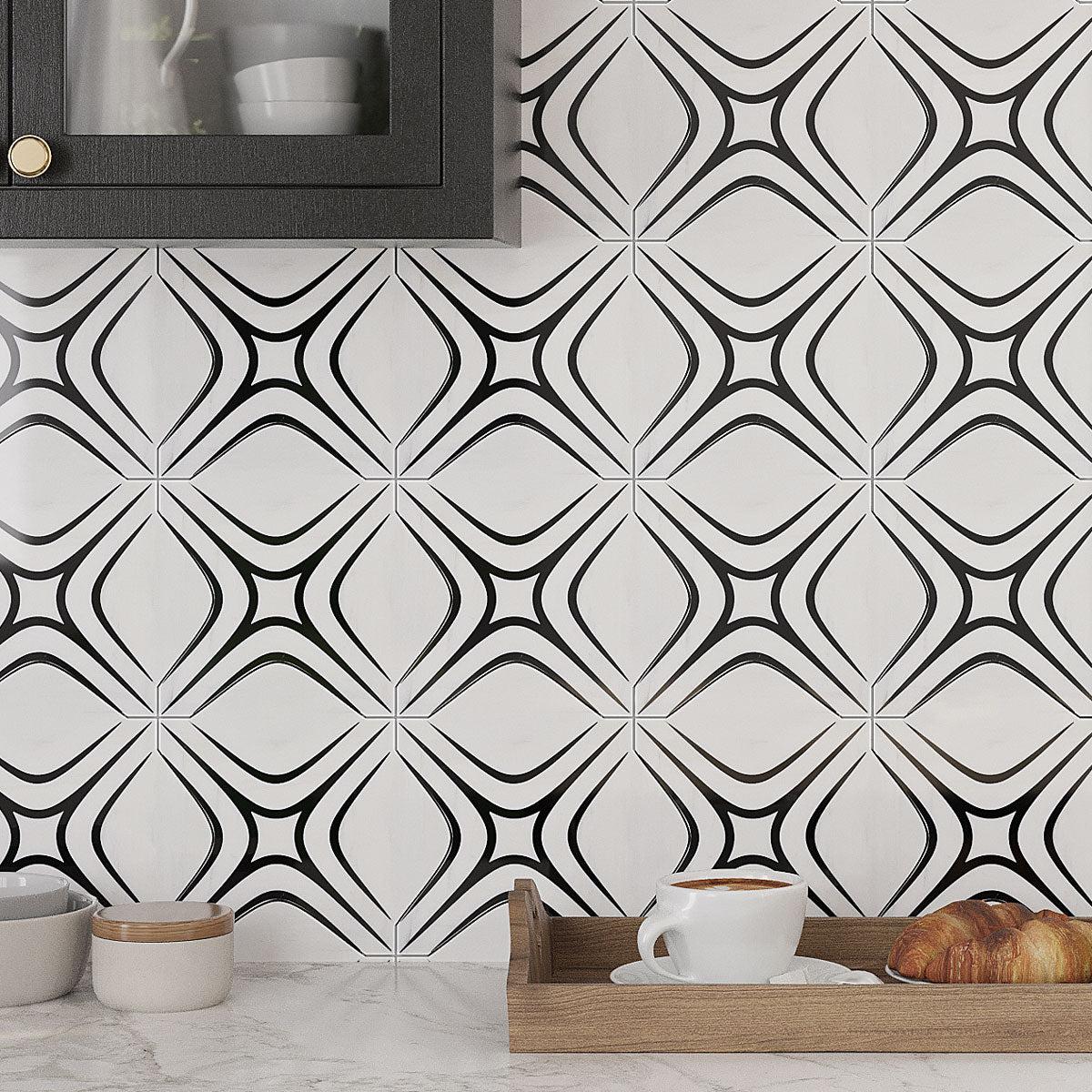 Santorini Retro Star White and Black Patterned Backsplash Design