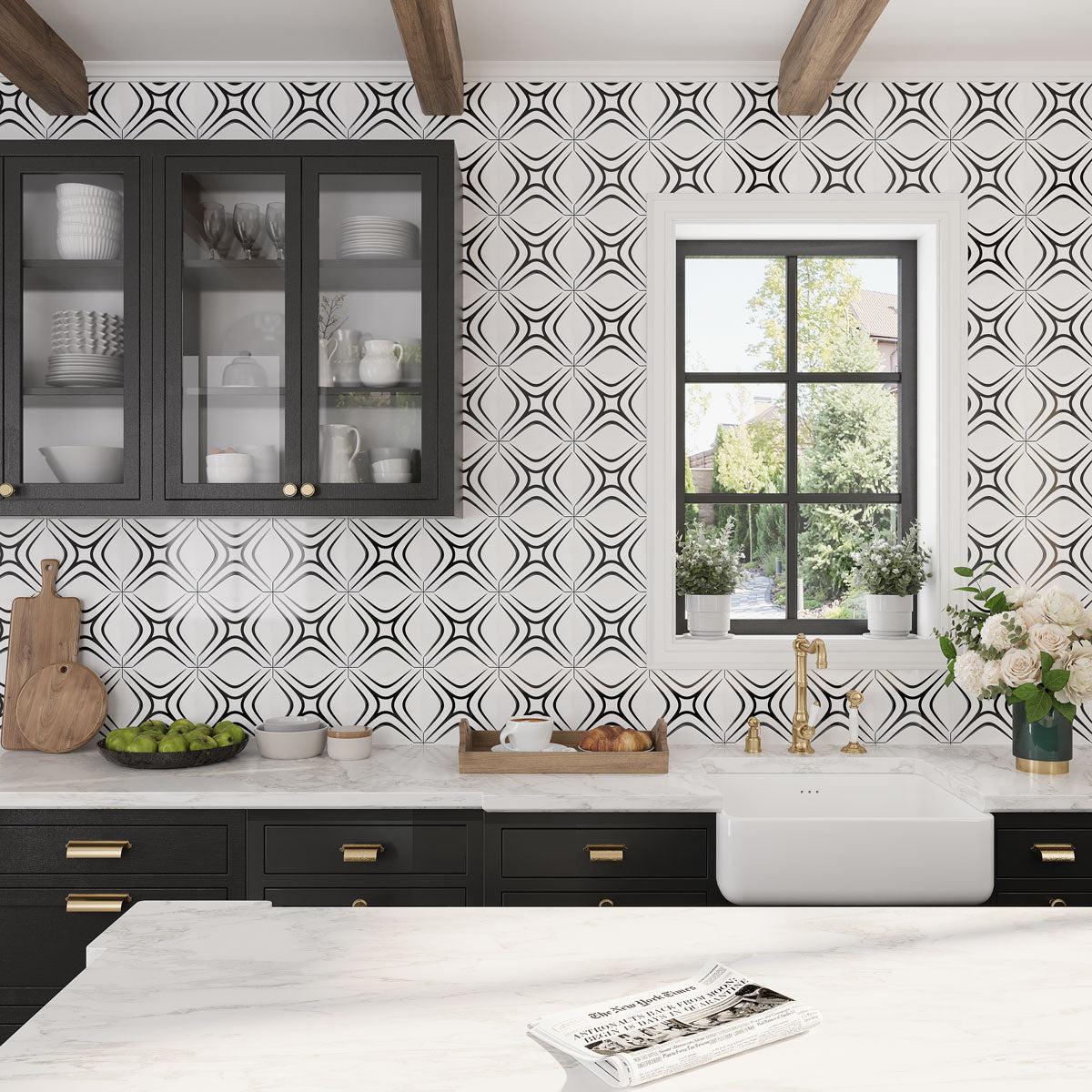 Santorini Retro Star White and Black Marble Mosaic Tile | Tile Club