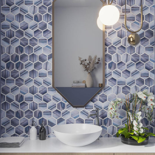 Blue glass hexagon bathroom wall tile