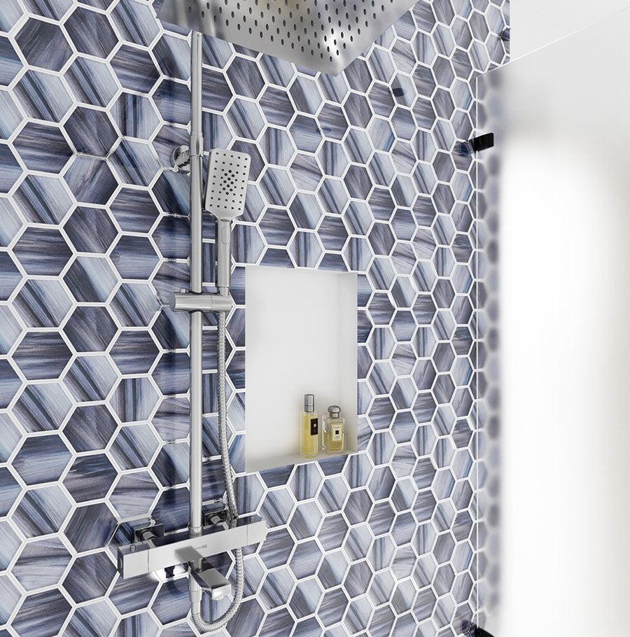 Geometric Glass Mosaic Shower Wall Tile with Sapphire Blue and Metallic Details