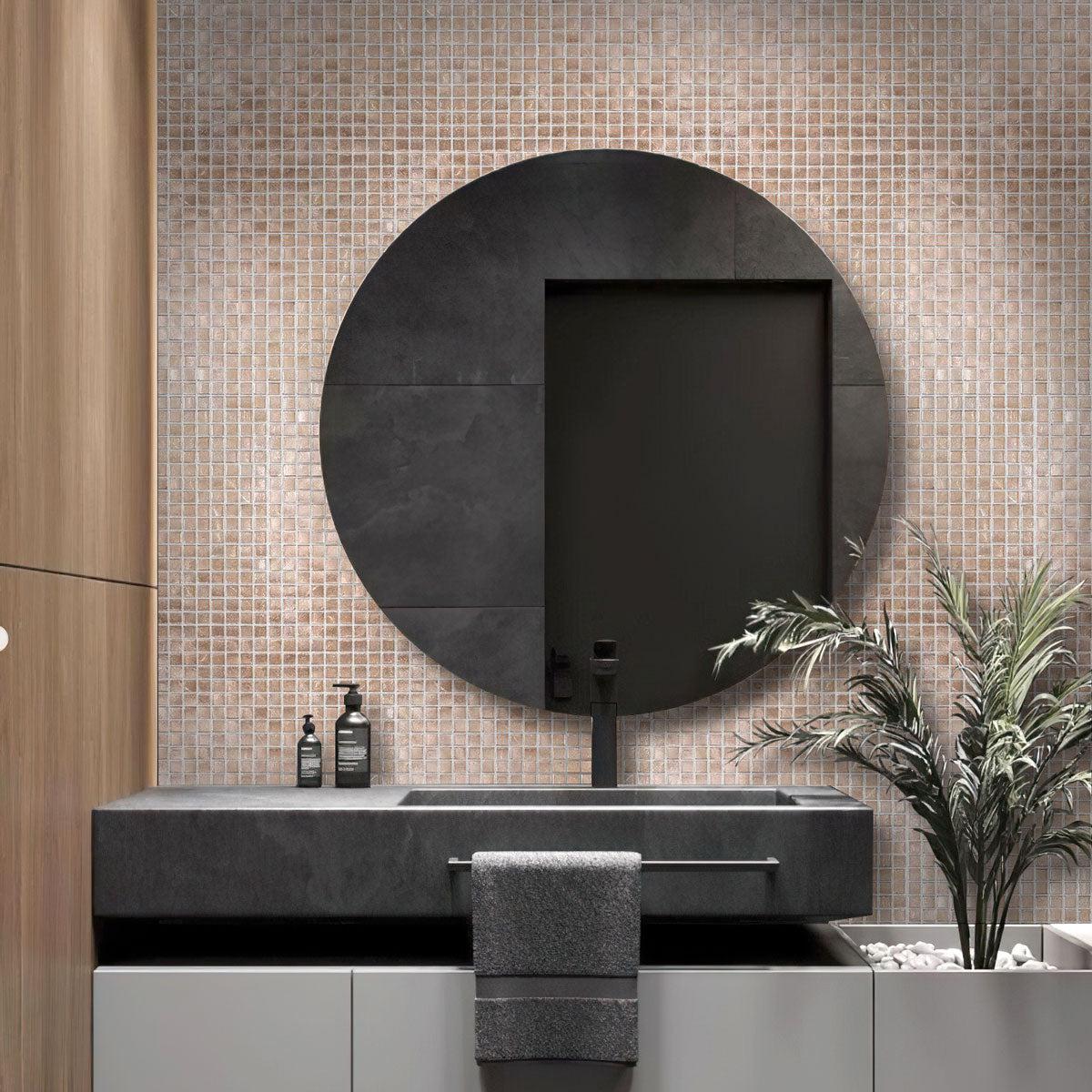 Satin Taupe Squares Glass Tile creates a modern and chic bathroom