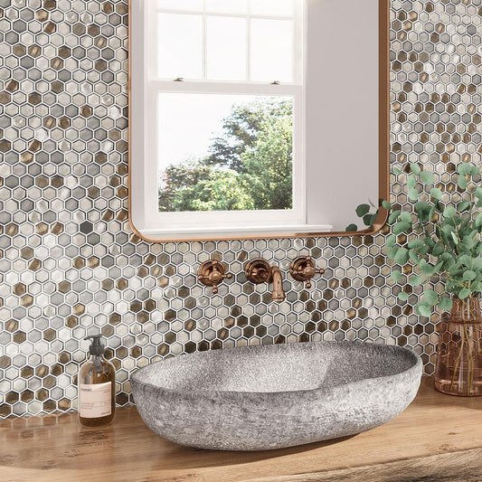 Saturn Grey Hexagon Glass Mosaic Tile bathroom backsplasj
