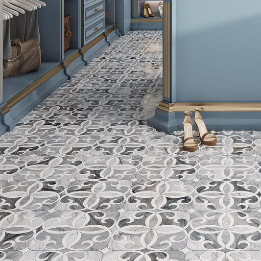 Scroll Calacatta Bluette and Thassos Marble Mosaic Tile Floor